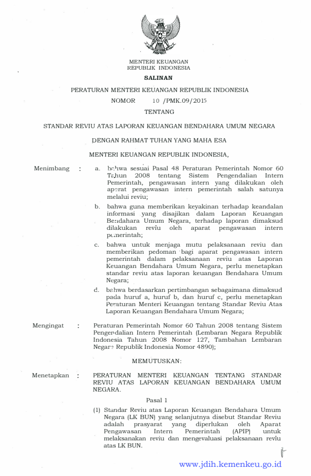 Peraturan Menteri Keuangan Nomor 10/PMK.09/2015