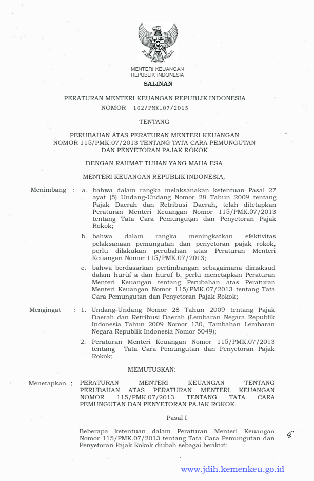 Peraturan Menteri Keuangan Nomor 102/PMK.07/2015