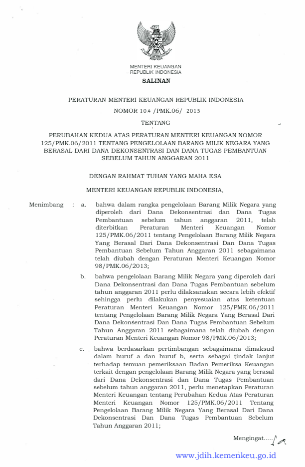 Peraturan Menteri Keuangan Nomor 104/PMK.06/2015