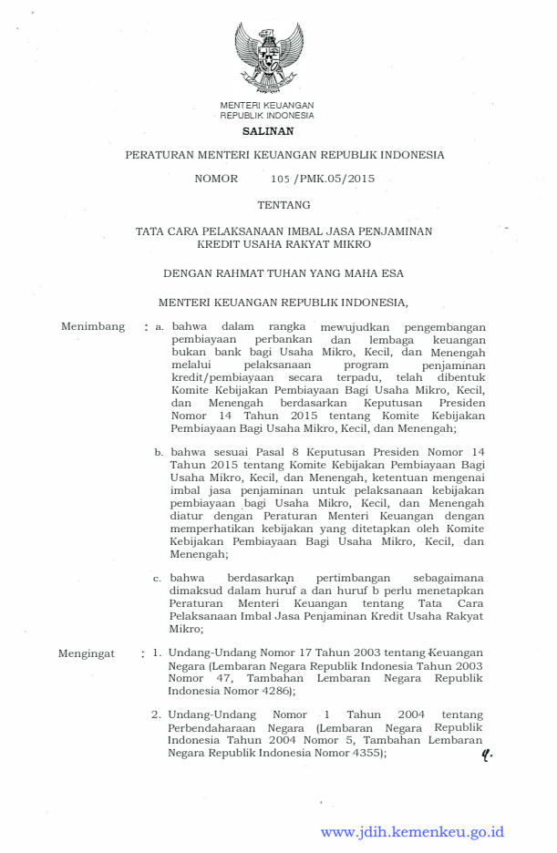 Peraturan Menteri Keuangan Nomor 105/PMK.05/2015