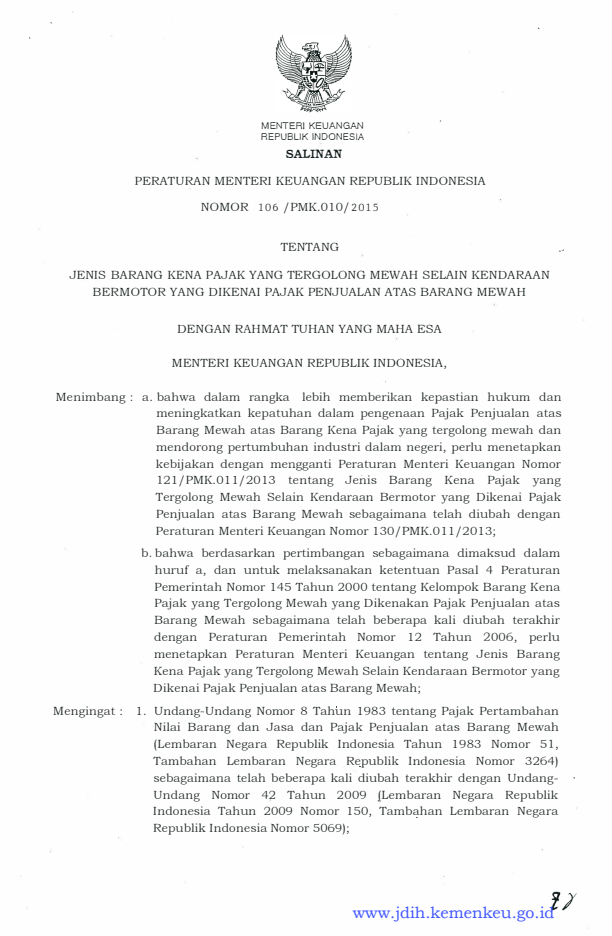 Peraturan Menteri Keuangan Nomor 106/PMK.010/2015