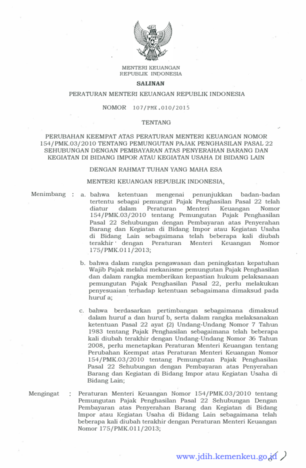 Peraturan Menteri Keuangan Nomor 107/PMK.010/2015