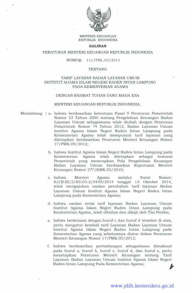 Peraturan Menteri Keuangan Nomor 111/PMK.05/2015