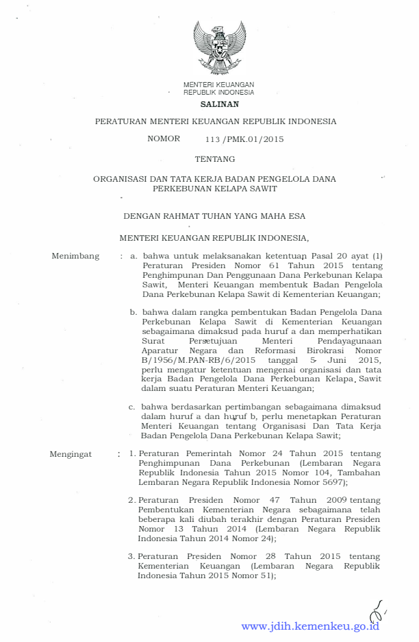 Peraturan Menteri Keuangan Nomor 113/PMK.01/2015