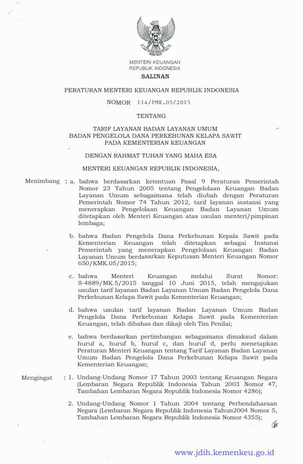 Peraturan Menteri Keuangan Nomor 114/PMK.05/2015