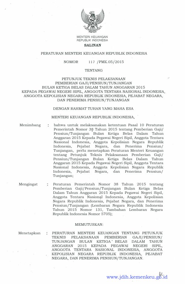 Peraturan Menteri Keuangan Nomor 117/PMK.05/2015