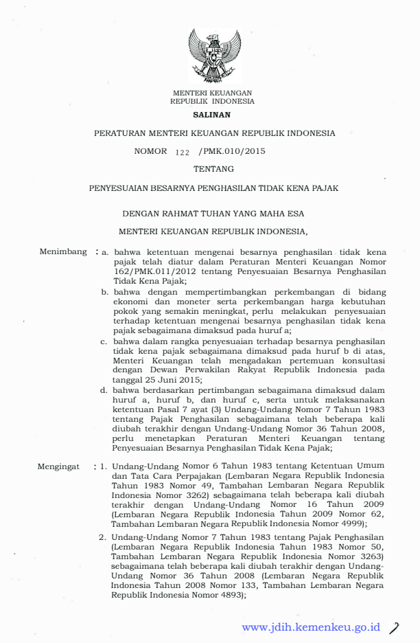 Peraturan Menteri Keuangan Nomor 122/PMK.010/2015