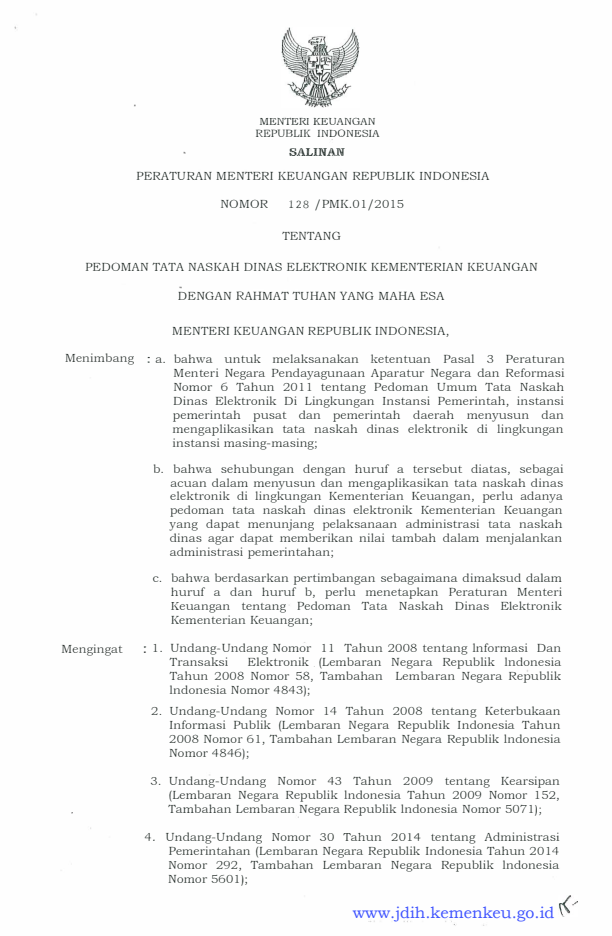 Peraturan Menteri Keuangan Nomor 128/PMK.01/2015
