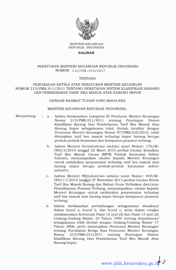 Peraturan Menteri Keuangan Nomor 132/PMK.010/2015