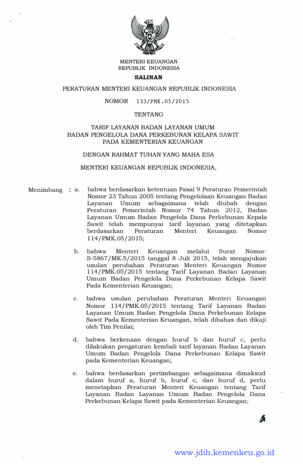 Peraturan Menteri Keuangan Nomor 133/PMK.05/2015