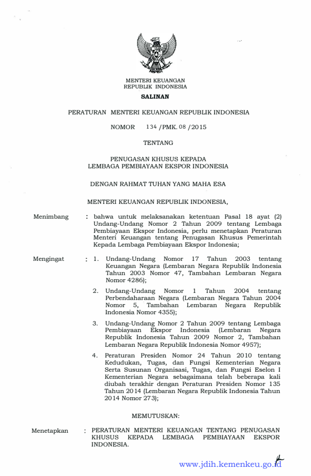 Peraturan Menteri Keuangan Nomor 134/PMK.08/2015