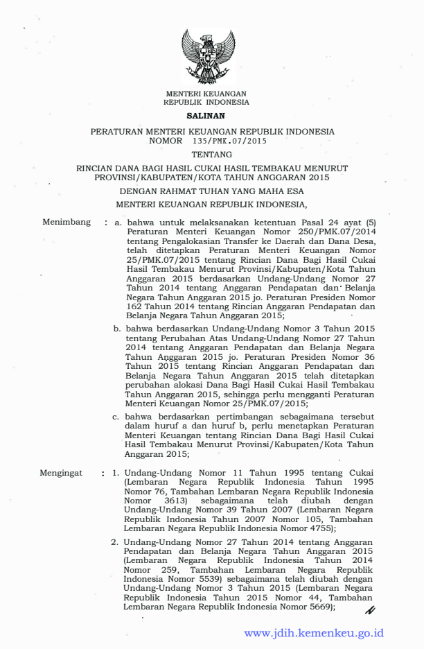 Peraturan Menteri Keuangan Nomor 135/PMK.07/2015