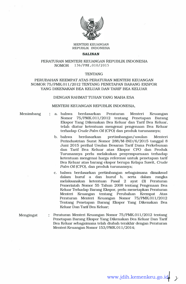 Peraturan Menteri Keuangan Nomor 136/PMK.010/2015