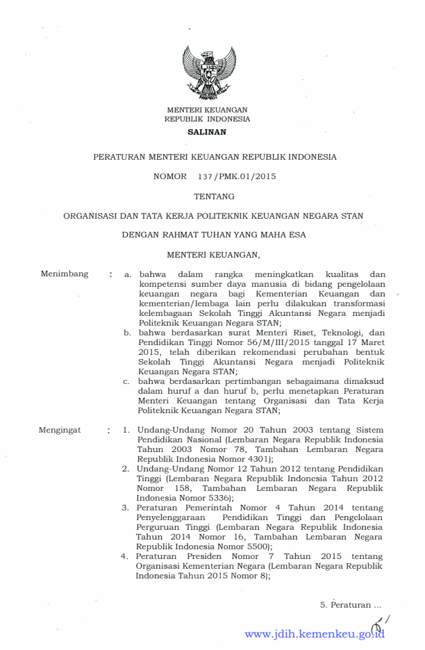 Peraturan Menteri Keuangan Nomor 137/PMK.01/2015