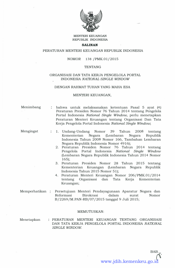 Peraturan Menteri Keuangan Nomor 138/PMK.01/2015