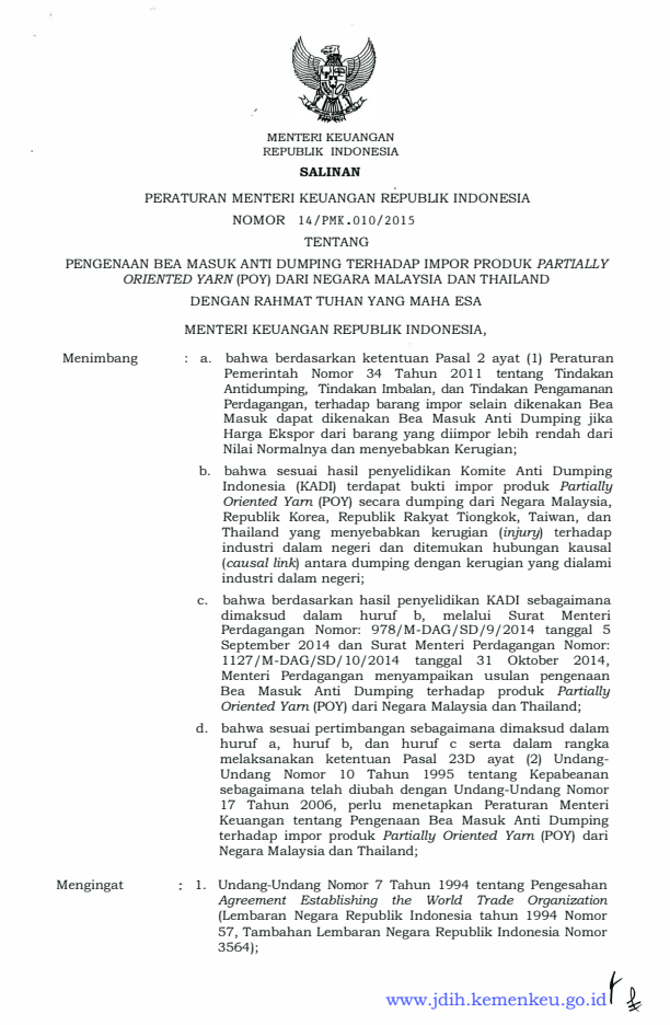 Peraturan Menteri Keuangan Nomor 14/PMK.010/2015