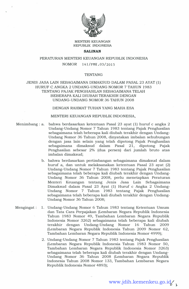 Peraturan Menteri Keuangan Nomor 141/PMK.03/2015