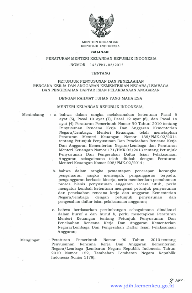 Peraturan Menteri Keuangan Nomor 143/PMK.02/2015