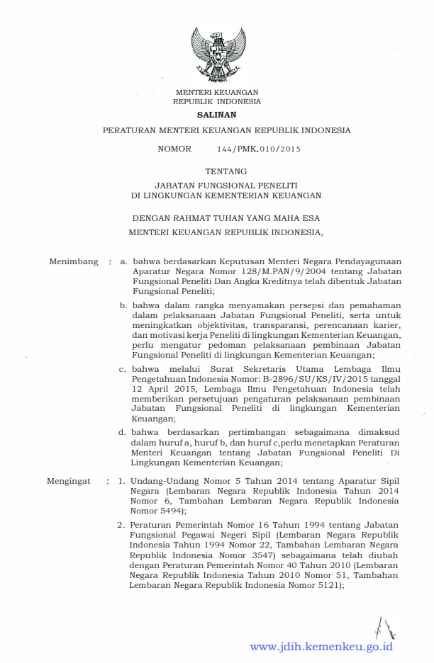 Peraturan Menteri Keuangan Nomor 144/PMK.010/2015