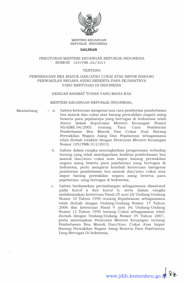 Peraturan Menteri Keuangan Nomor 149/PMK.04/2015