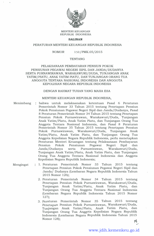 Peraturan Menteri Keuangan Nomor 150/PMK.05/2015