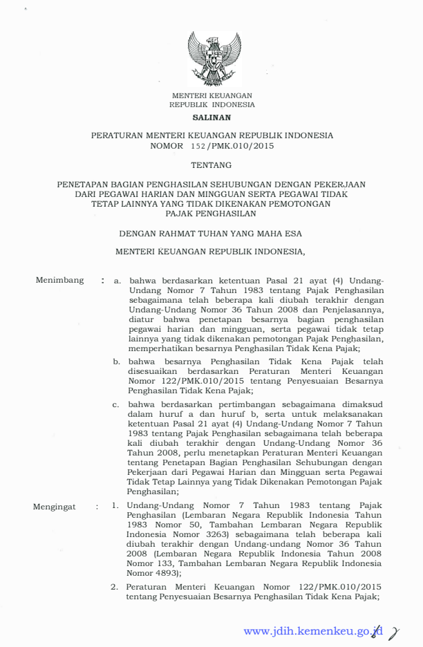 Peraturan Menteri Keuangan Nomor 152/PMK.010/2015