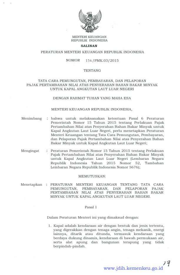 Peraturan Menteri Keuangan Nomor 154/PMK.03/2015