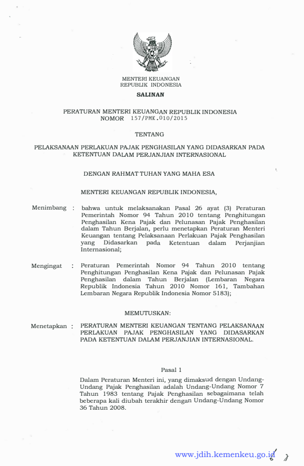 Peraturan Menteri Keuangan Nomor 157/PMK.010/2015