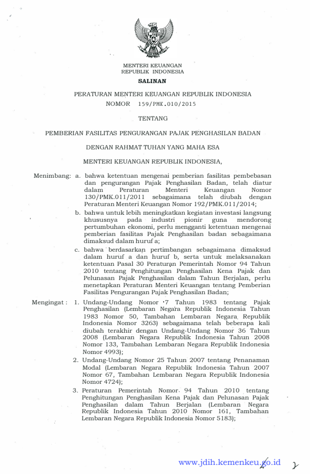 Peraturan Menteri Keuangan Nomor 159/PMK.010/2015