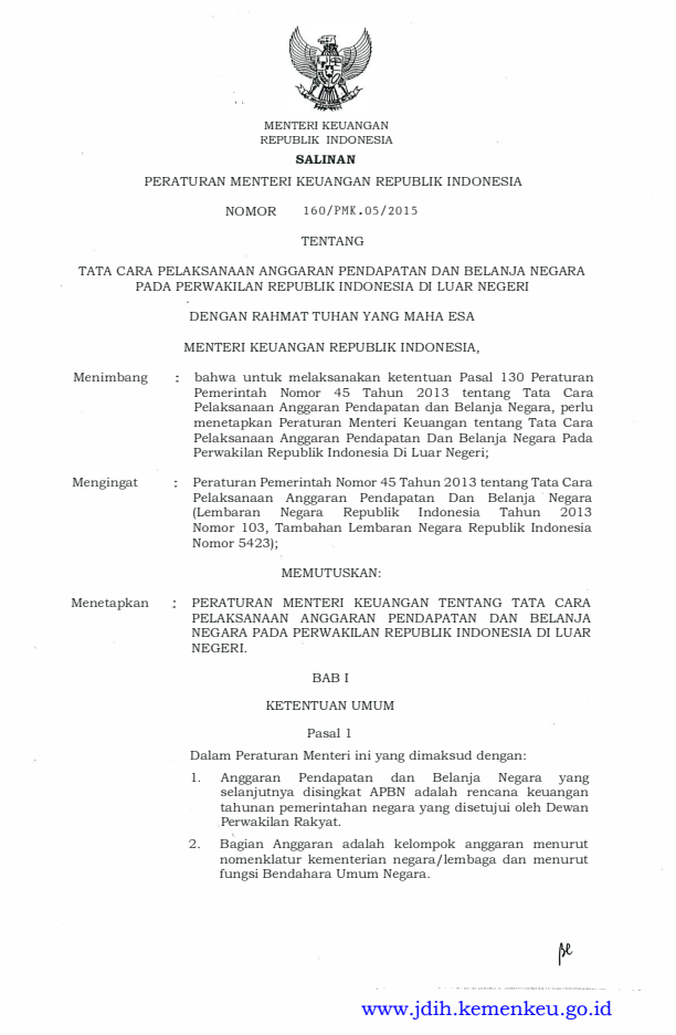 Peraturan Menteri Keuangan Nomor 160/PMK.05/2015