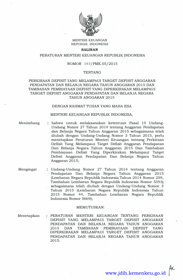 Peraturan Menteri Keuangan Nomor 163/PMK.05/2015