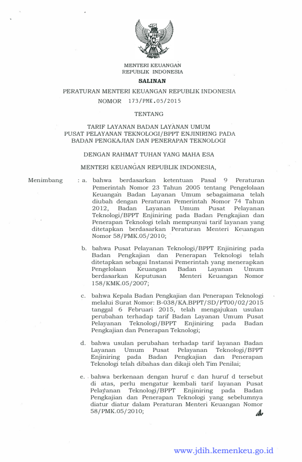 Peraturan Menteri Keuangan Nomor 173/PMK.05/2015