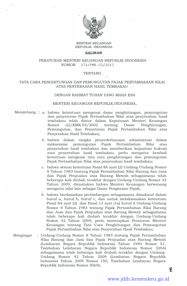 Peraturan Menteri Keuangan Nomor 174/PMK.03/2015
