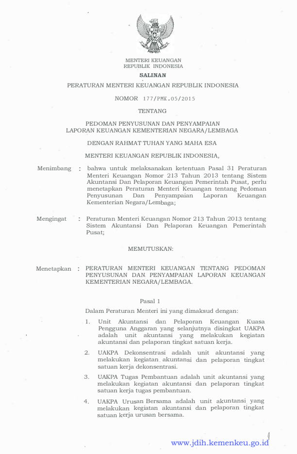 Peraturan Menteri Keuangan Nomor 177/PMK.05/2015