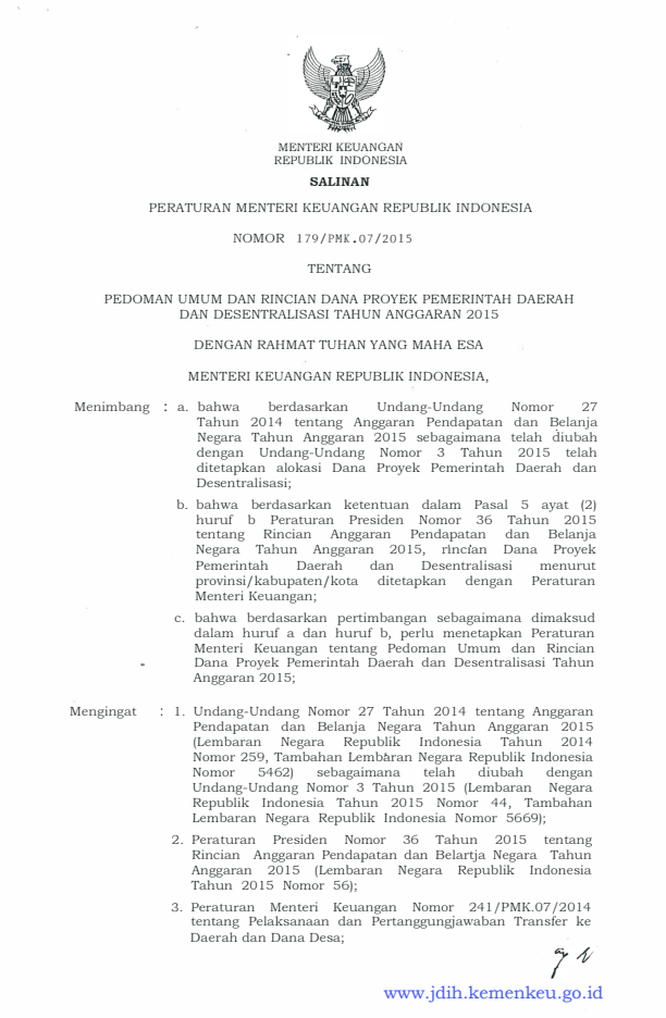 Peraturan Menteri Keuangan Nomor 179/PMK.07/2015