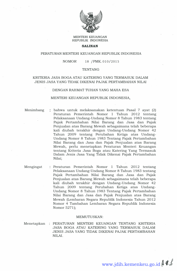 Peraturan Menteri Keuangan Nomor 18/PMK.010/2015