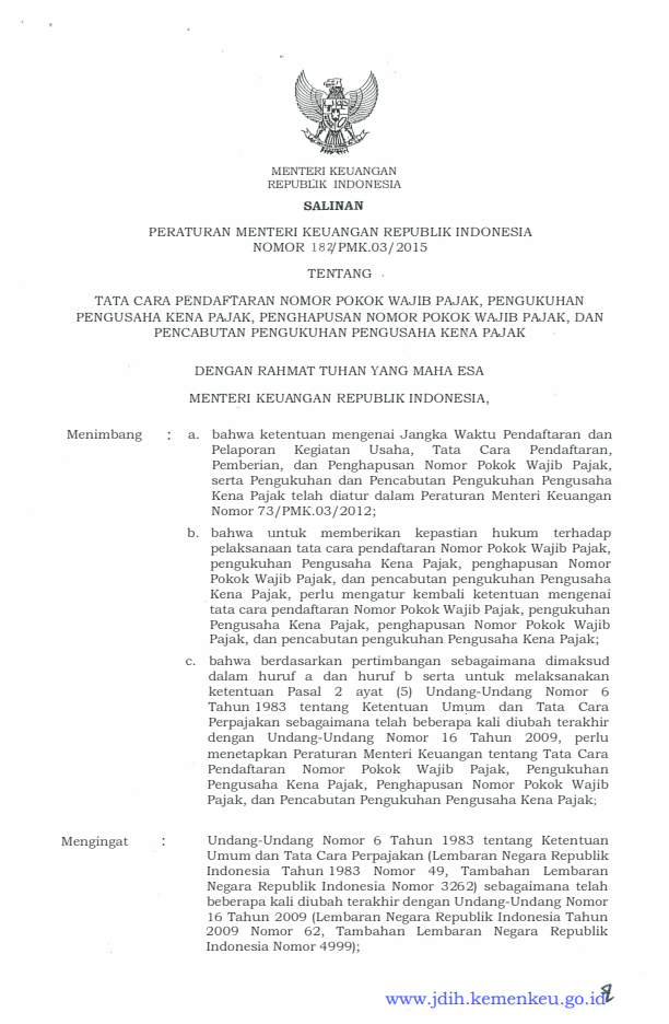 Peraturan Menteri Keuangan Nomor 182/PMK.03/2015