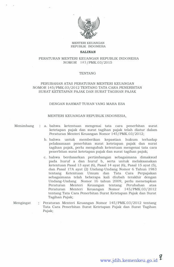 Peraturan Menteri Keuangan Nomor 183/PMK.03/2015
