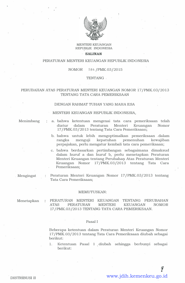 Peraturan Menteri Keuangan Nomor 184/PMK.03/2015