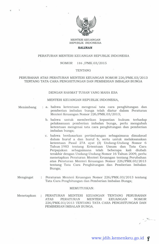 Peraturan Menteri Keuangan Nomor 186/PMK.03/2015