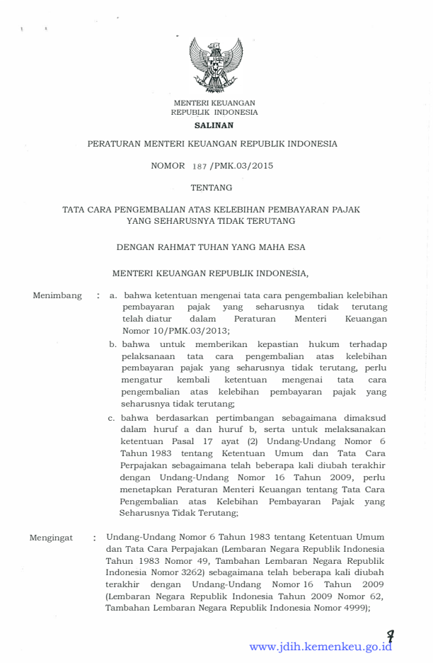 Peraturan Menteri Keuangan Nomor 187/PMK.03/2015