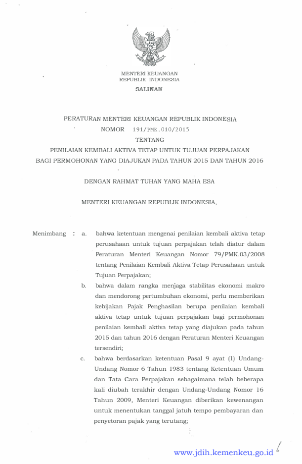 Peraturan Menteri Keuangan Nomor 191/PMK.010/2015