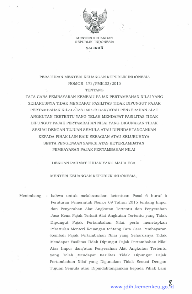 Peraturan Menteri Keuangan Nomor 192/PMK.03/2015