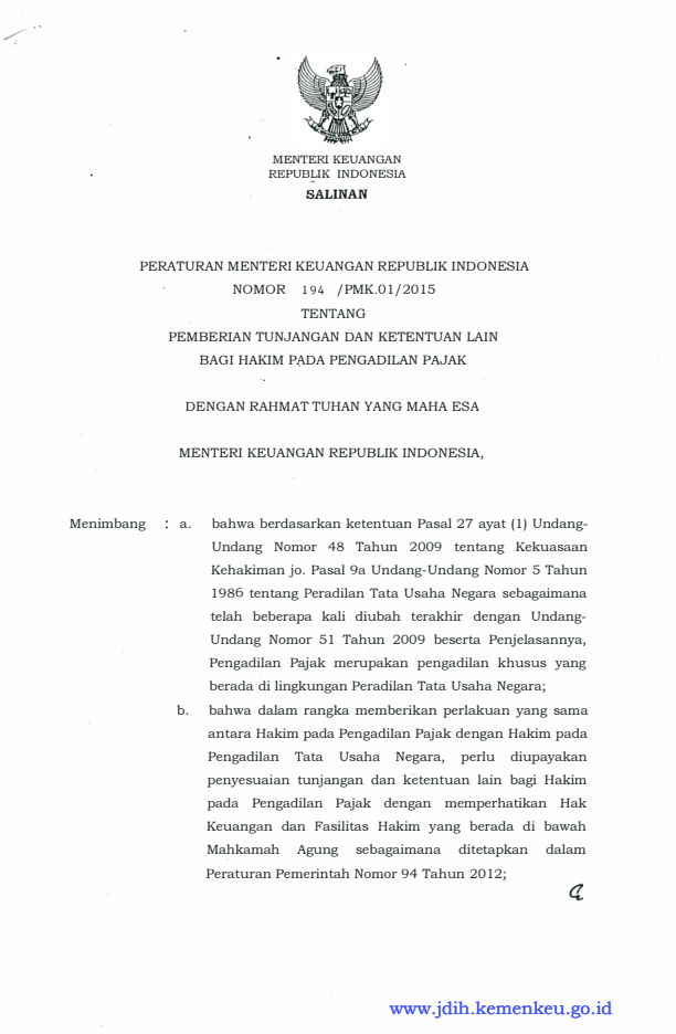 Peraturan Menteri Keuangan Nomor 194/PMK.01/2015