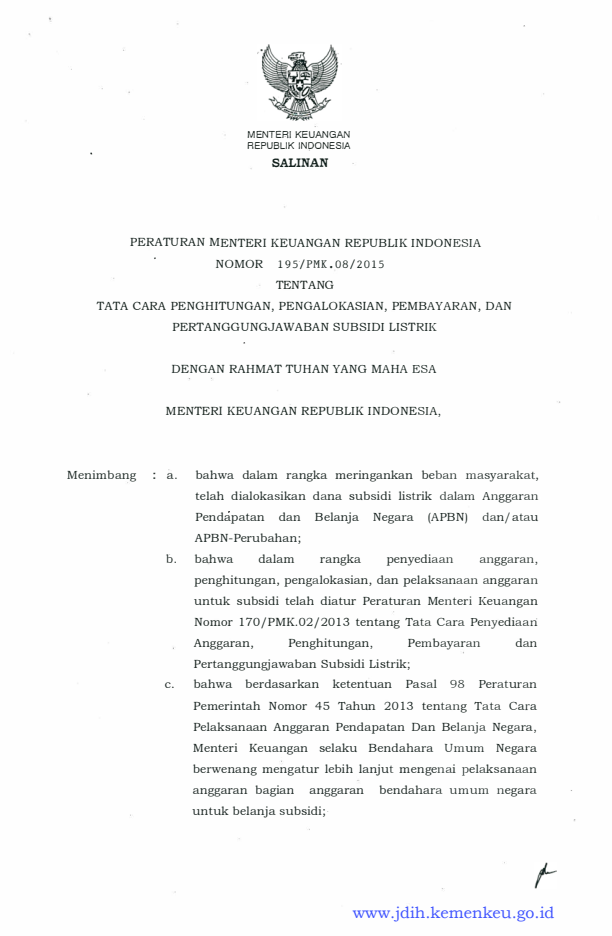 Peraturan Menteri Keuangan Nomor 195/PMK.08/2015