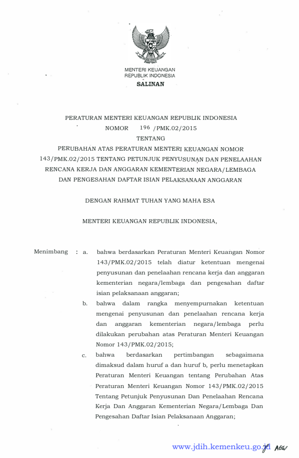 Peraturan Menteri Keuangan Nomor 196/PMK.02/2015