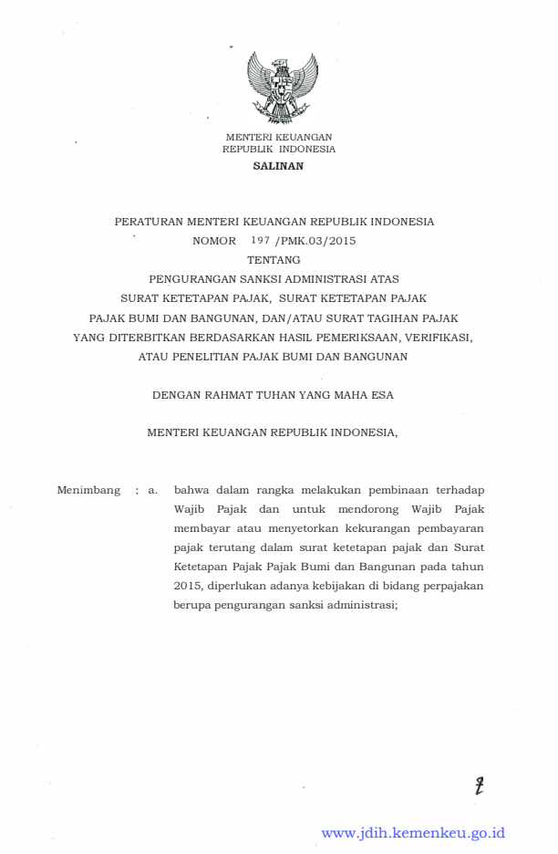 Peraturan Menteri Keuangan Nomor 197/PMK.03/2015