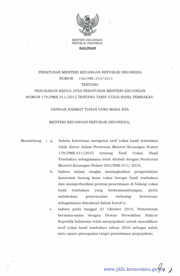 Peraturan Menteri Keuangan Nomor 198/PMK.010/2015