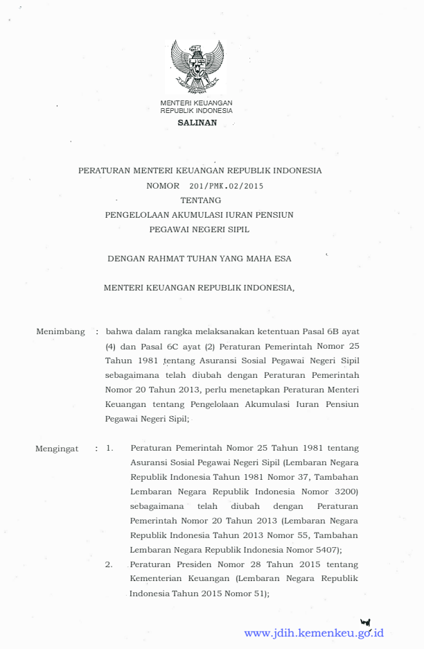 Peraturan Menteri Keuangan Nomor 201/PMK.02/2015