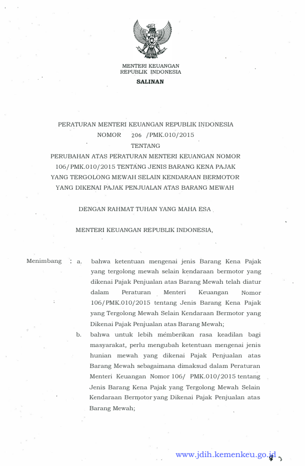 Peraturan Menteri Keuangan Nomor 206/PMK.010/2015